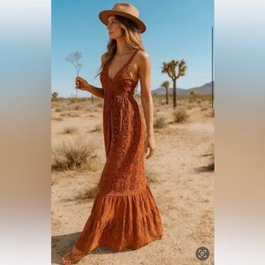 Anthropologie A Collective Story Eyelet Lace Maxi Dress in Soft Peach Size M